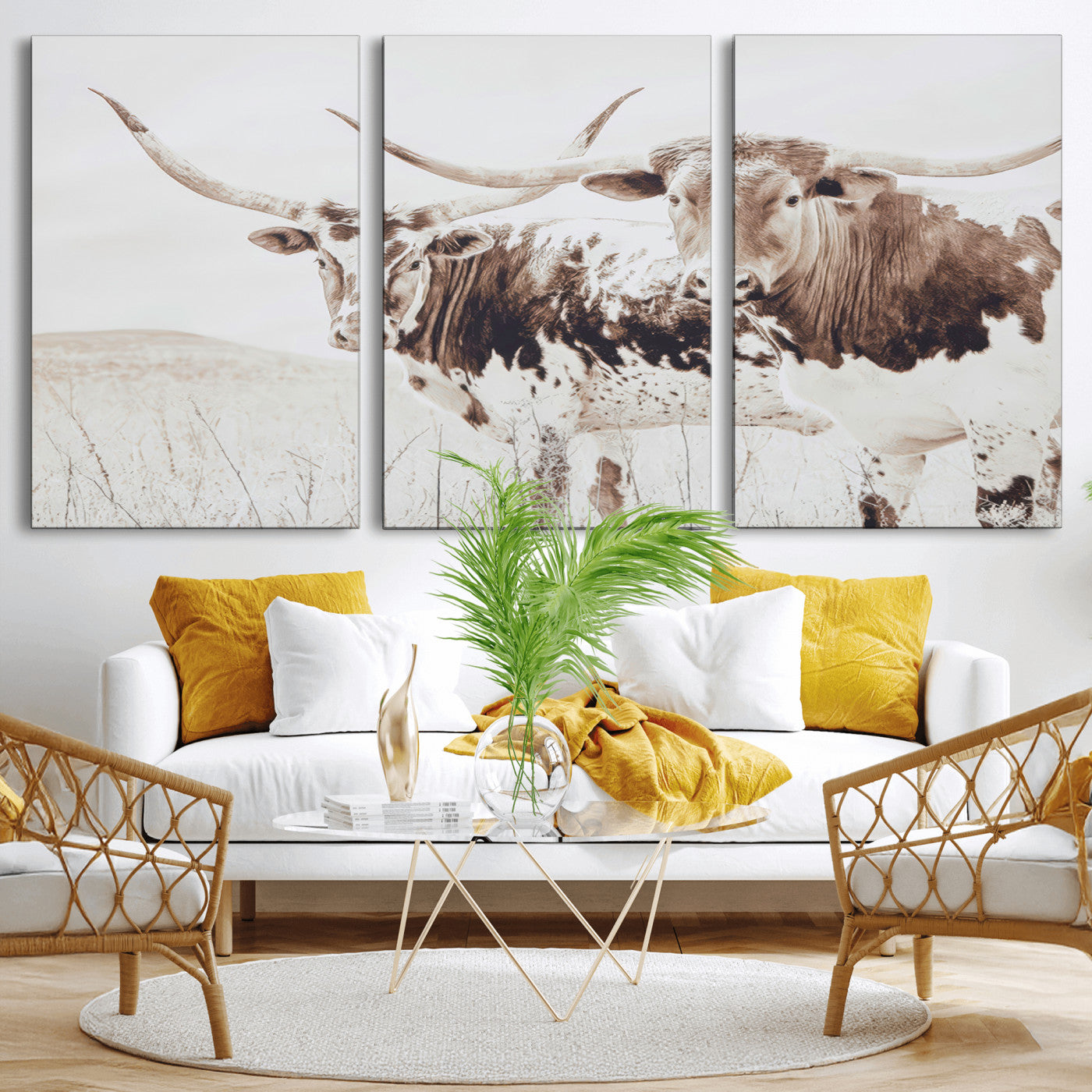 Two longhorn cows standing in a sepia-toned pasture with soft light, ideal for rustic or farmhouse-themed neutral wall decor.