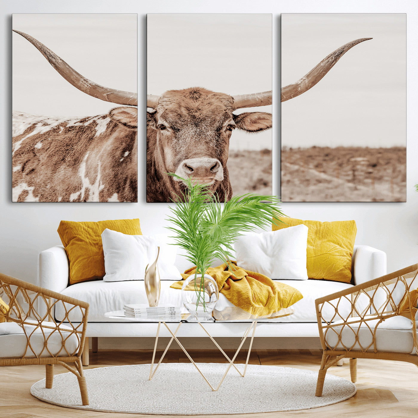 A longhorn cow in soft beige desert tones, standing calmly in open land, perfect for neutral western or rustic farmhouse interiors.
