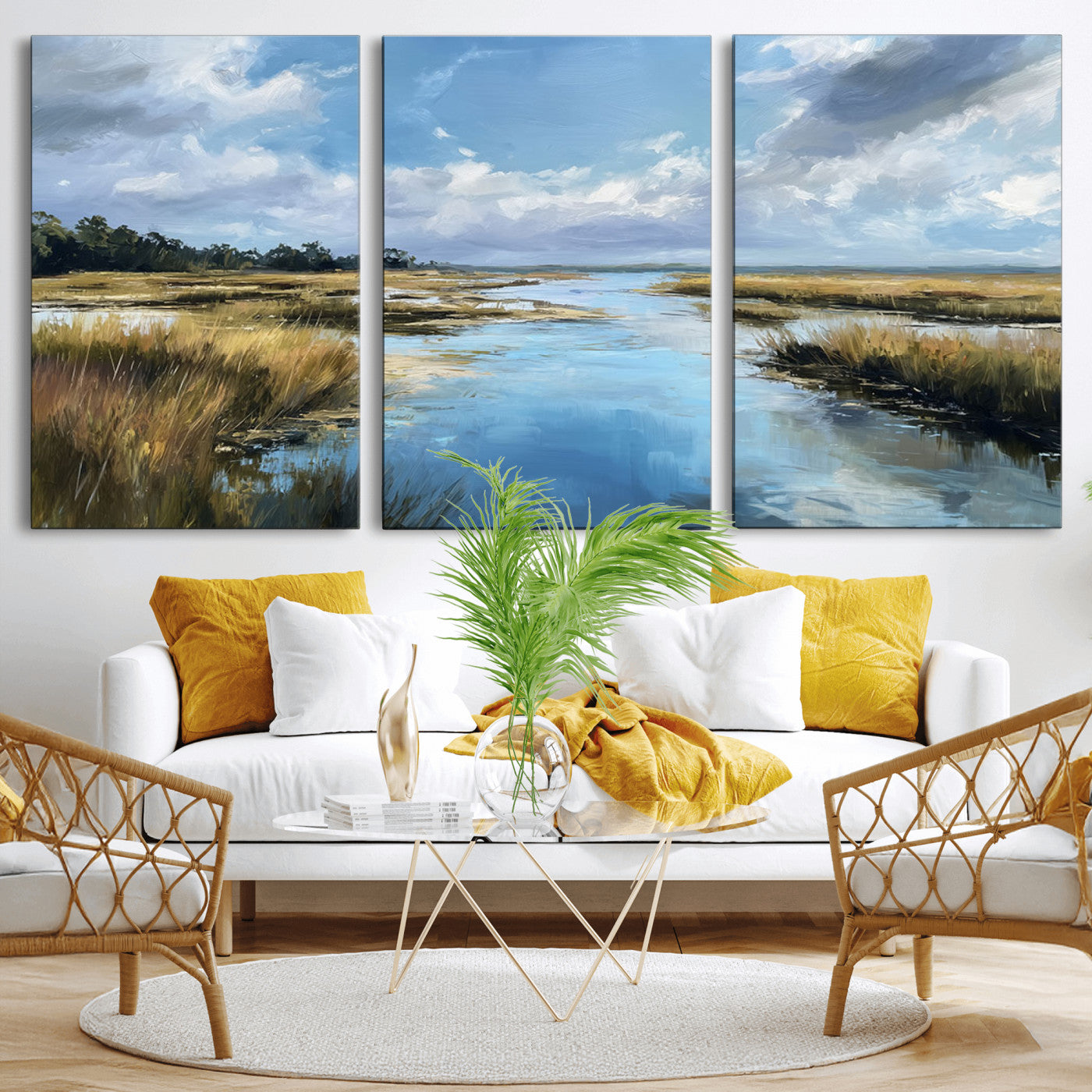 A beautiful, painterly landscape of a calm river winding through a marsh, with vibrant green grasses and a bright blue sky filled with fluffy clouds.