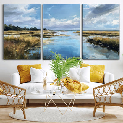 A beautiful, painterly landscape of a calm river winding through a marsh, with vibrant green grasses and a bright blue sky filled with fluffy clouds.