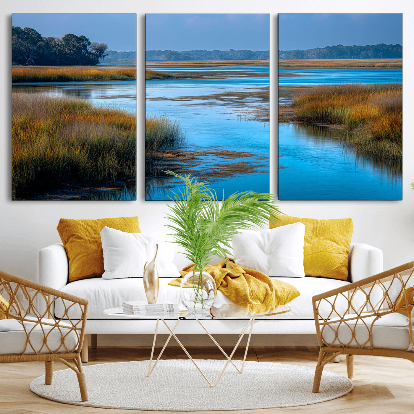 A peaceful marshland scene with calm blue water reflecting the surrounding grasses and trees, capturing the beauty of nature in a serene landscape.