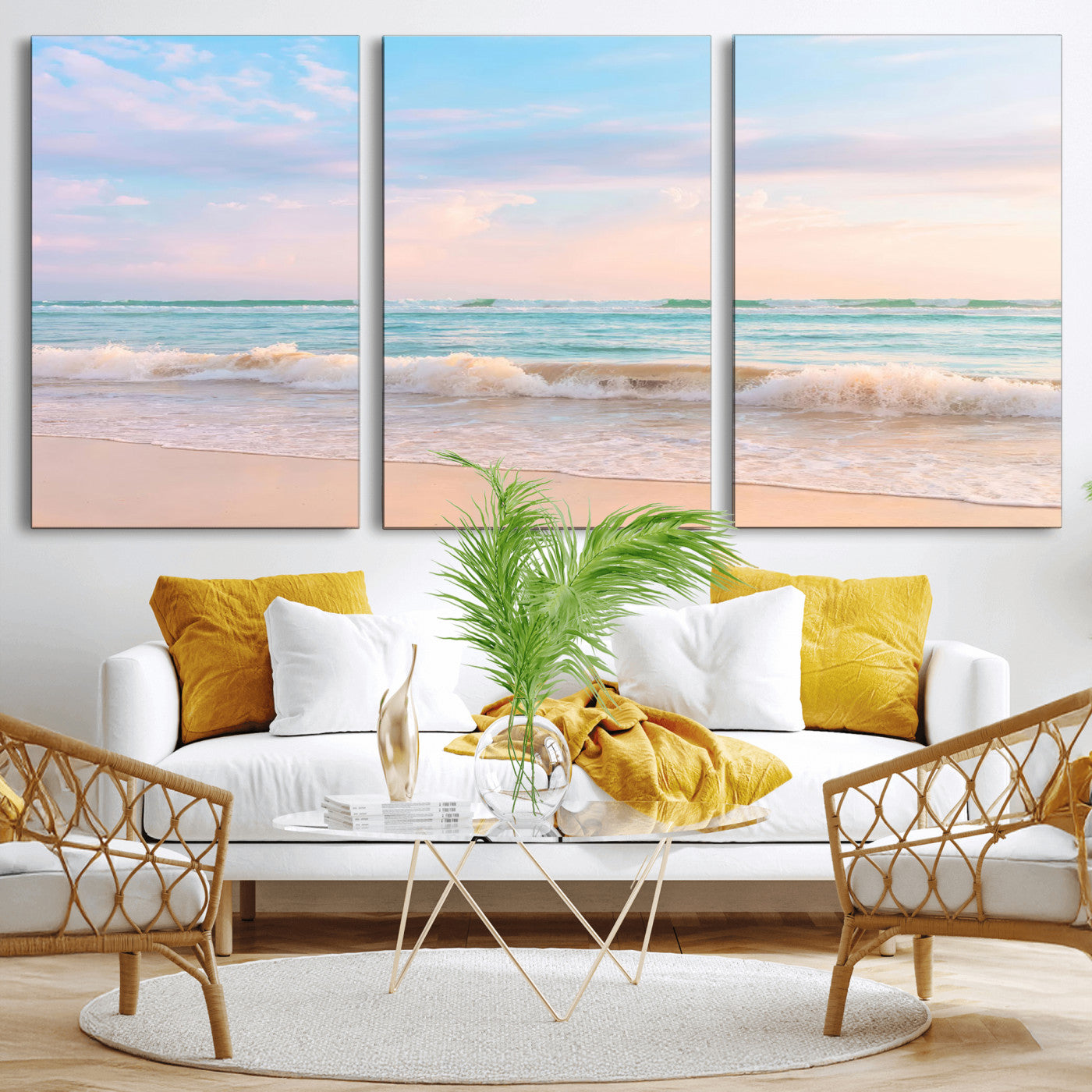A peaceful beach scene with soft pastel skies, gentle waves washing up on the sandy shore, creating a calm and serene ocean view.
