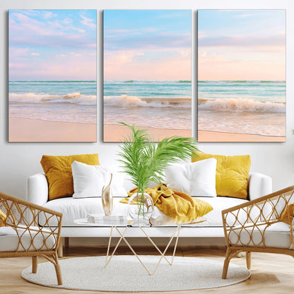 A peaceful beach scene with soft pastel skies, gentle waves washing up on the sandy shore, creating a calm and serene ocean view.