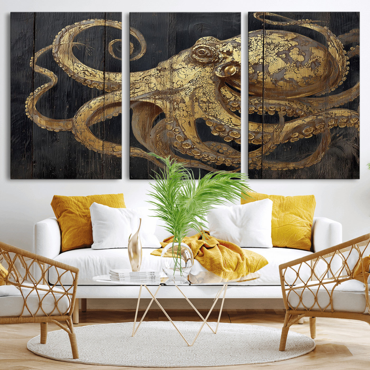 A detailed gold illustration of an octopus on black wooden planks, showing its intricate tentacles and textured skin in an artistic style.