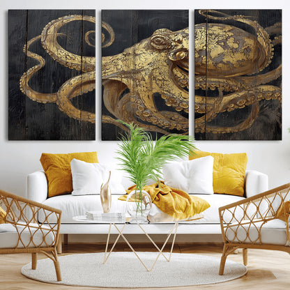 A detailed gold illustration of an octopus on black wooden planks, showing its intricate tentacles and textured skin in an artistic style.
