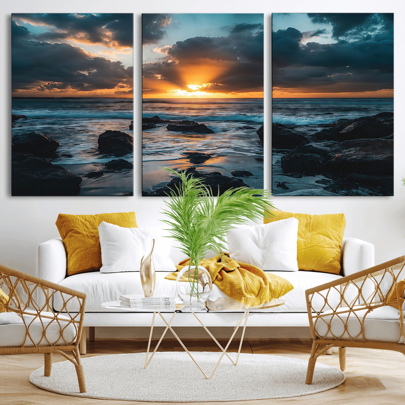 An awe-inspiring sunset over the ocean with rays of light piercing through dramatic clouds, creating a beautiful seascape with rocks in the foreground.