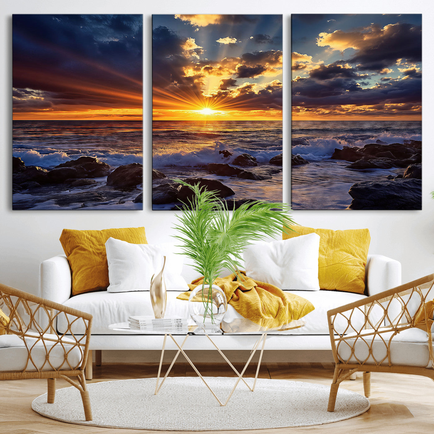 An explosive sunset over the ocean with dramatic clouds and rays of sunlight reflecting off the water, creating a vibrant and captivating view.