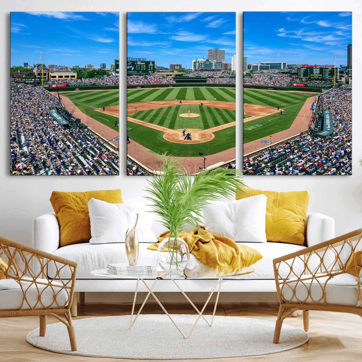 Wrigley Field Baseball Stadium Canvas Wall Art, Packed Crowd Sports Stadium Print, City Skyline Baseball Field Canvas for Game Room Decor
