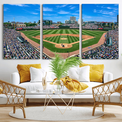 Wrigley Field Baseball Stadium Canvas Wall Art, Packed Crowd Sports Stadium Print, City Skyline Baseball Field Canvas for Game Room Decor