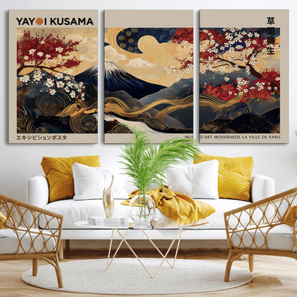 Yayoi Kusama's artwork featuring Mount Fuji, blooming cherry trees, and intricate swirls, blending traditional Japanese elements with vibrant color.