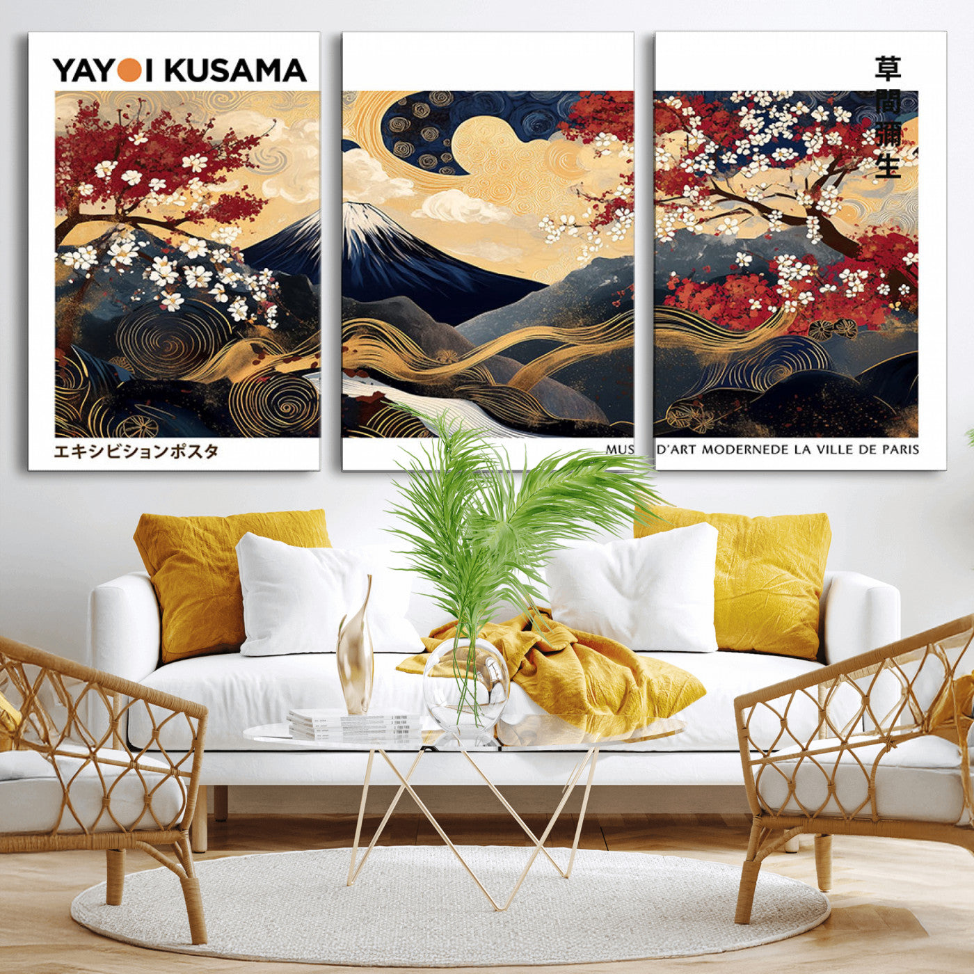 An artwork by Yayoi Kusama featuring Mount Fuji, blooming cherry blossoms, and swirling patterns in a harmonious blend of nature and art.