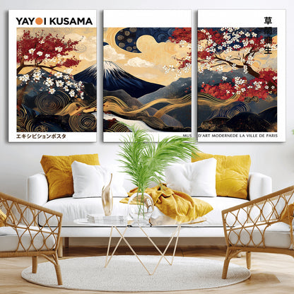 An artwork by Yayoi Kusama featuring Mount Fuji, blooming cherry blossoms, and swirling patterns in a harmonious blend of nature and art.
