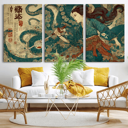 Tsukioka Yoshitoshi Samurai Wall Art Print, Japanese Katana Warrior Canvas Wall Art, Octopus Sea Monster Canvas Print,