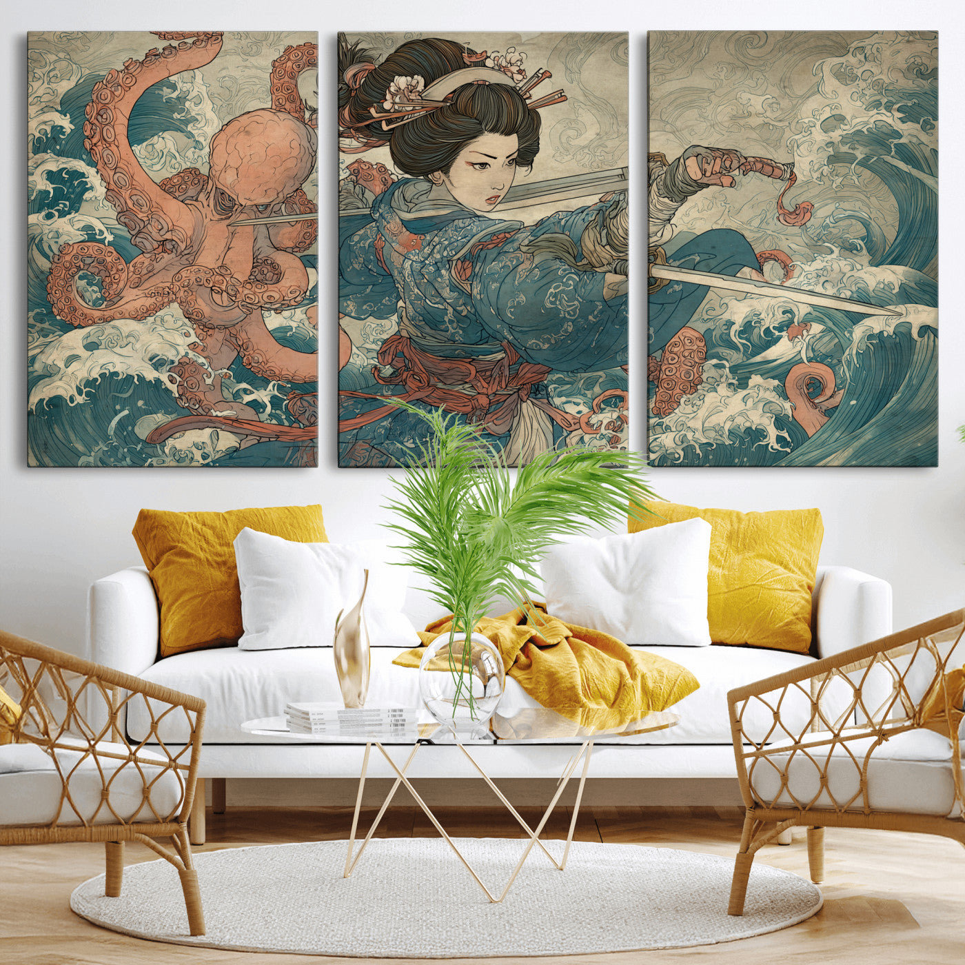 Tsukioka Yoshitoshi Samurai Wall Art Print, Japanese Katana Warrior Canvas Wall Art, Octopus Sea Monster Canvas Print,