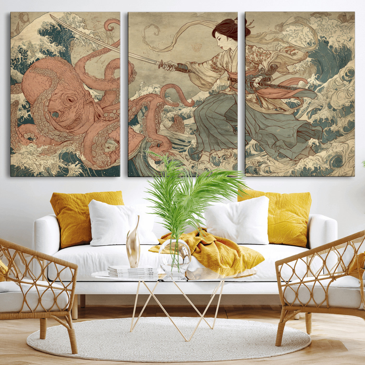 Tsukioka Yoshitoshi Samurai Wall Art Print, Japanese Katana Warrior Canvas Wall Art, Octopus Sea Monster Canvas Print,