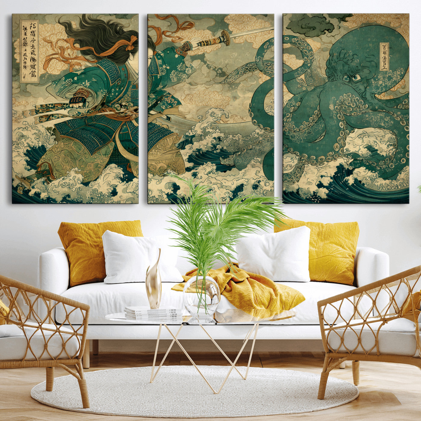 Tsukioka Yoshitoshi Samurai Wall Art Print, Japanese Katana Warrior Canvas Wall Art, Octopus Sea Monster Canvas Print,