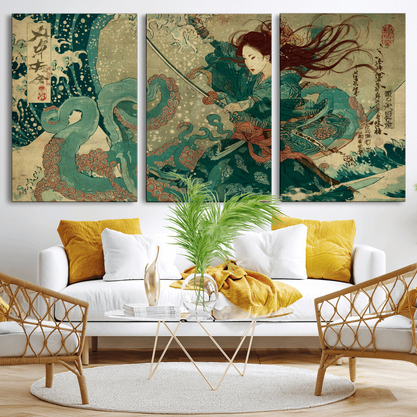 Tsukioka Yoshitoshi Samurai Wall Art Print, Japanese Katana Warrior Canvas Wall Art, Octopus Sea Monster Canvas Print,