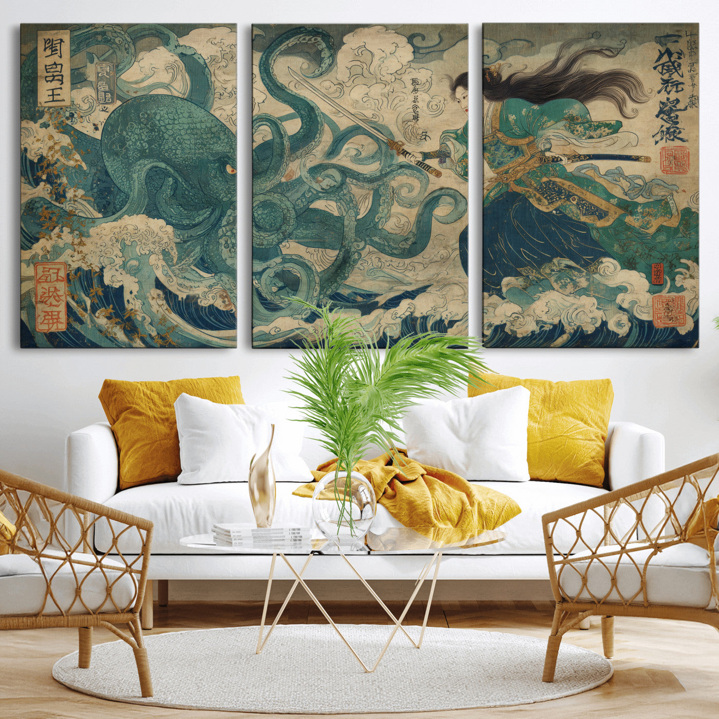 Tsukioka Yoshitoshi Samurai Wall Art Print, Japanese Katana Warrior Canvas Wall Art, Octopus Sea Monster Canvas Print,