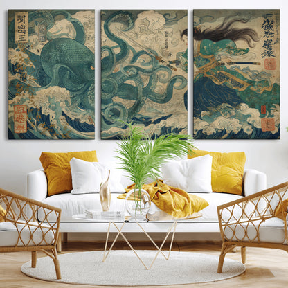 Tsukioka Yoshitoshi Samurai Wall Art Print, Japanese Katana Warrior Canvas Wall Art, Octopus Sea Monster Canvas Print,