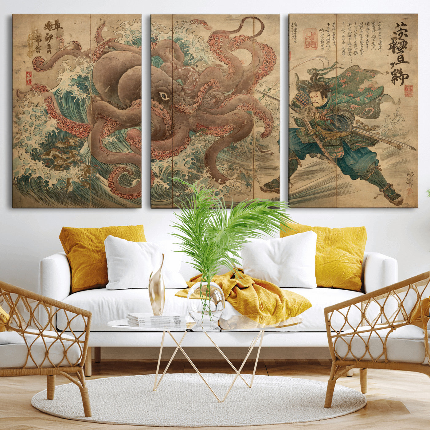 Tsukioka Yoshitoshi Samurai Wall Art Print, Japanese Katana Warrior Canvas Wall Art, Octopus Sea Monster Canvas Print,