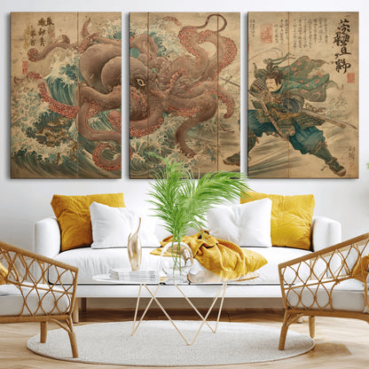 Tsukioka Yoshitoshi Samurai Wall Art Print, Japanese Katana Warrior Canvas Wall Art, Octopus Sea Monster Canvas Print,