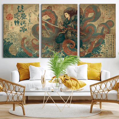 Tsukioka Yoshitoshi Samurai Wall Art Print, Japanese Katana Warrior Canvas Wall Art, Octopus Sea Monster Canvas Print,