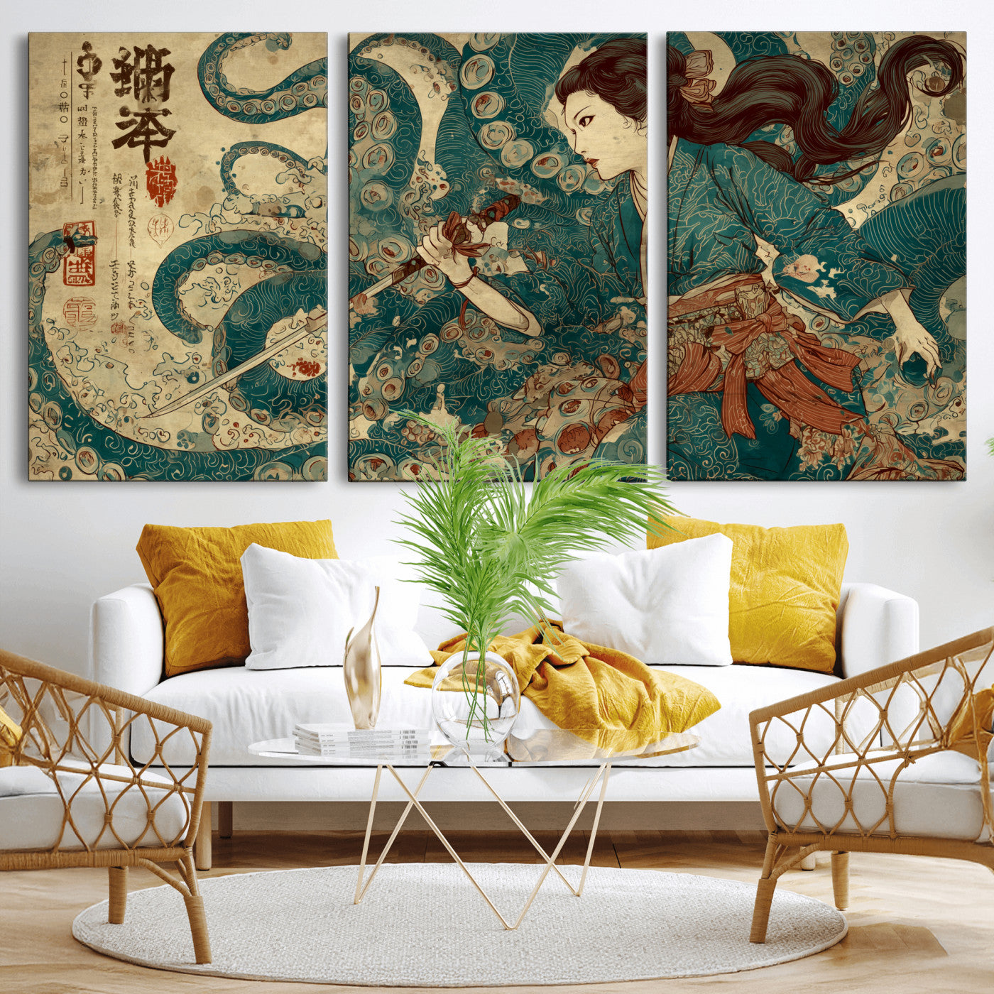 Tsukioka Yoshitoshi Samurai Wall Art Print, Japanese Katana Warrior Canvas Wall Art, Octopus Sea Monster Canvas Print,