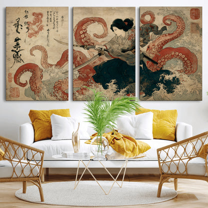 Tsukioka Yoshitoshi Samurai Wall Art Print, Japanese Katana Warrior Canvas Wall Art, Octopus Sea Monster Canvas Print,
