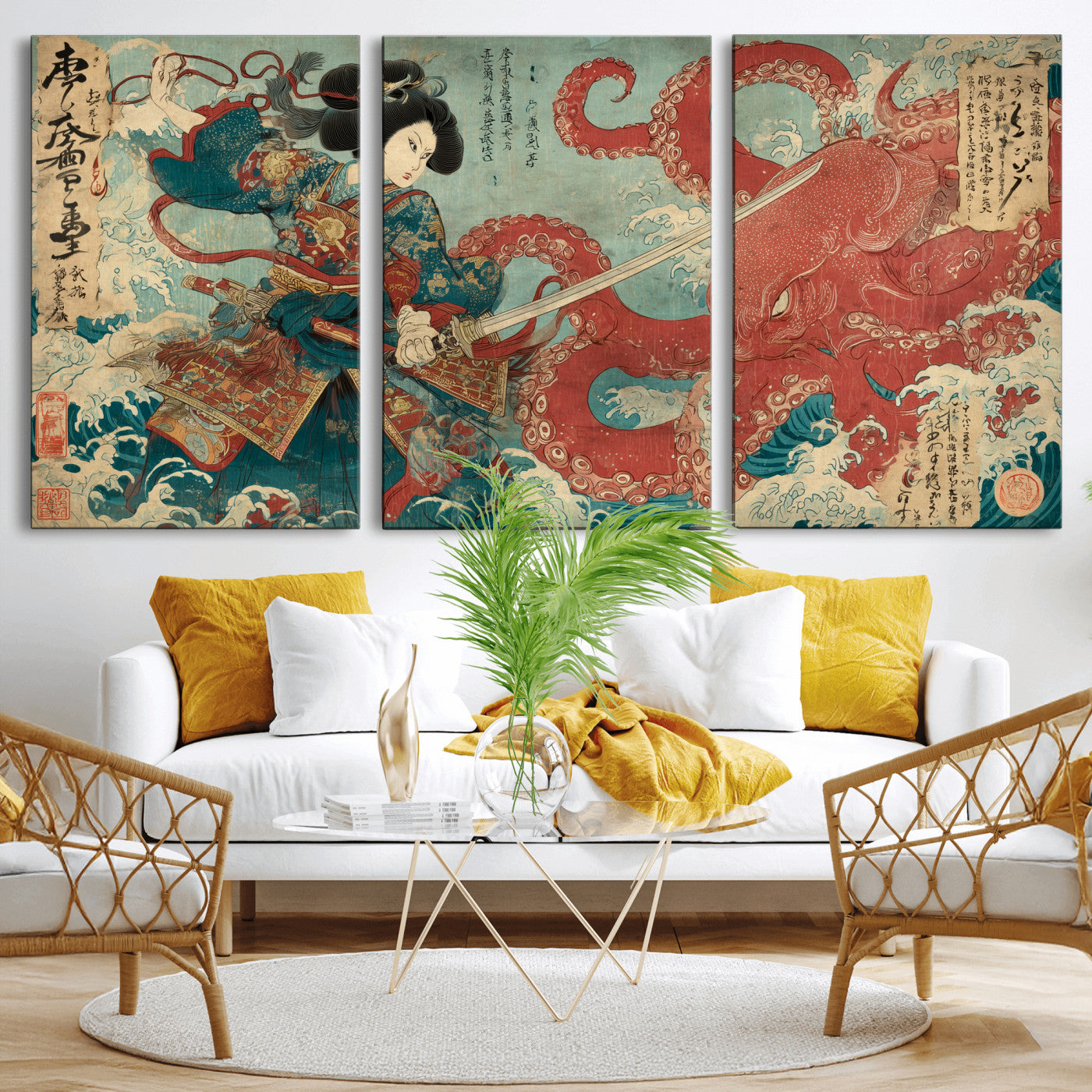 Tsukioka Yoshitoshi Samurai Wall Art Print, Japanese Katana Warrior Canvas Wall Art, Octopus Sea Monster Canvas Print,