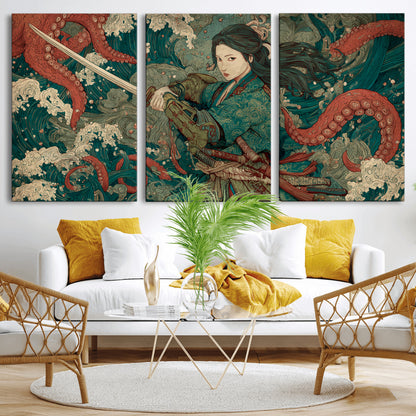 Tsukioka Yoshitoshi Samurai Wall Art Print, Japanese Katana Warrior Canvas Wall Art, Octopus Sea Monster Canvas Print,