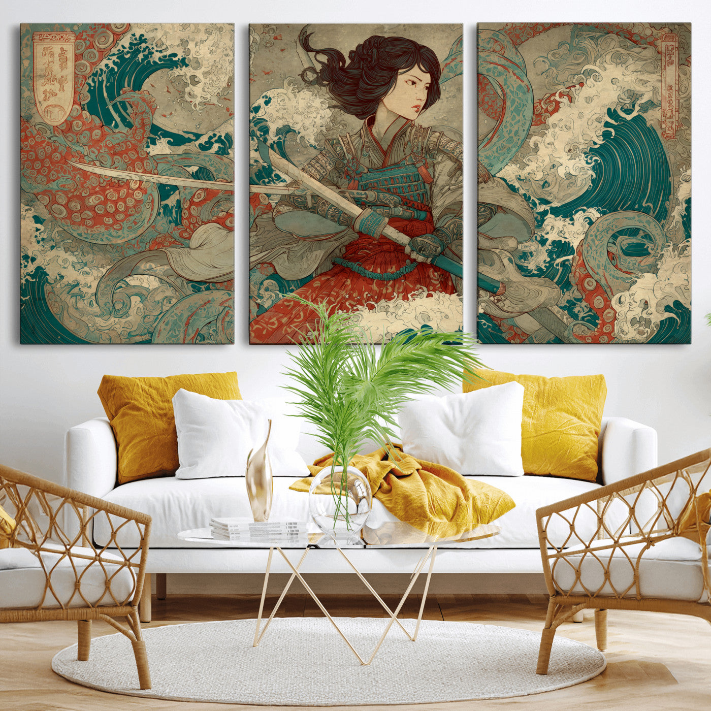 Tsukioka Yoshitoshi Samurai Wall Art Print, Japanese Katana Warrior Canvas Wall Art, Octopus Sea Monster Canvas Print,