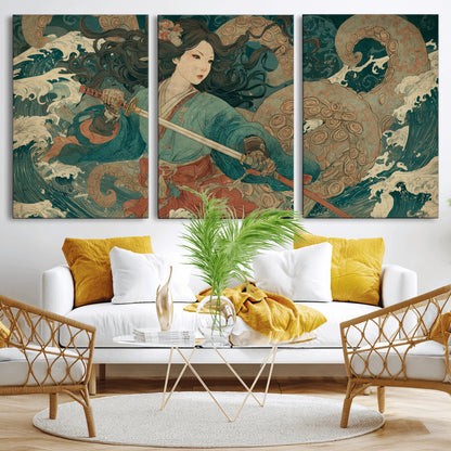 Tsukioka Yoshitoshi Samurai Wall Art Print, Japanese Katana Warrior Canvas Wall Art, Octopus Sea Monster Canvas Print,