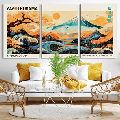 Modern Japanese-style art print featuring a stylized Mount Fuji, flowing waves, and vibrant landscapes in bold colors, inspired by traditional and contemporary aesthetics.