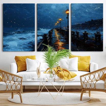 "Impressionistic painting of a rainy pier at night with glowing street lamps reflecting on the wet surface, ocean waves crashing under a dark blue sky."