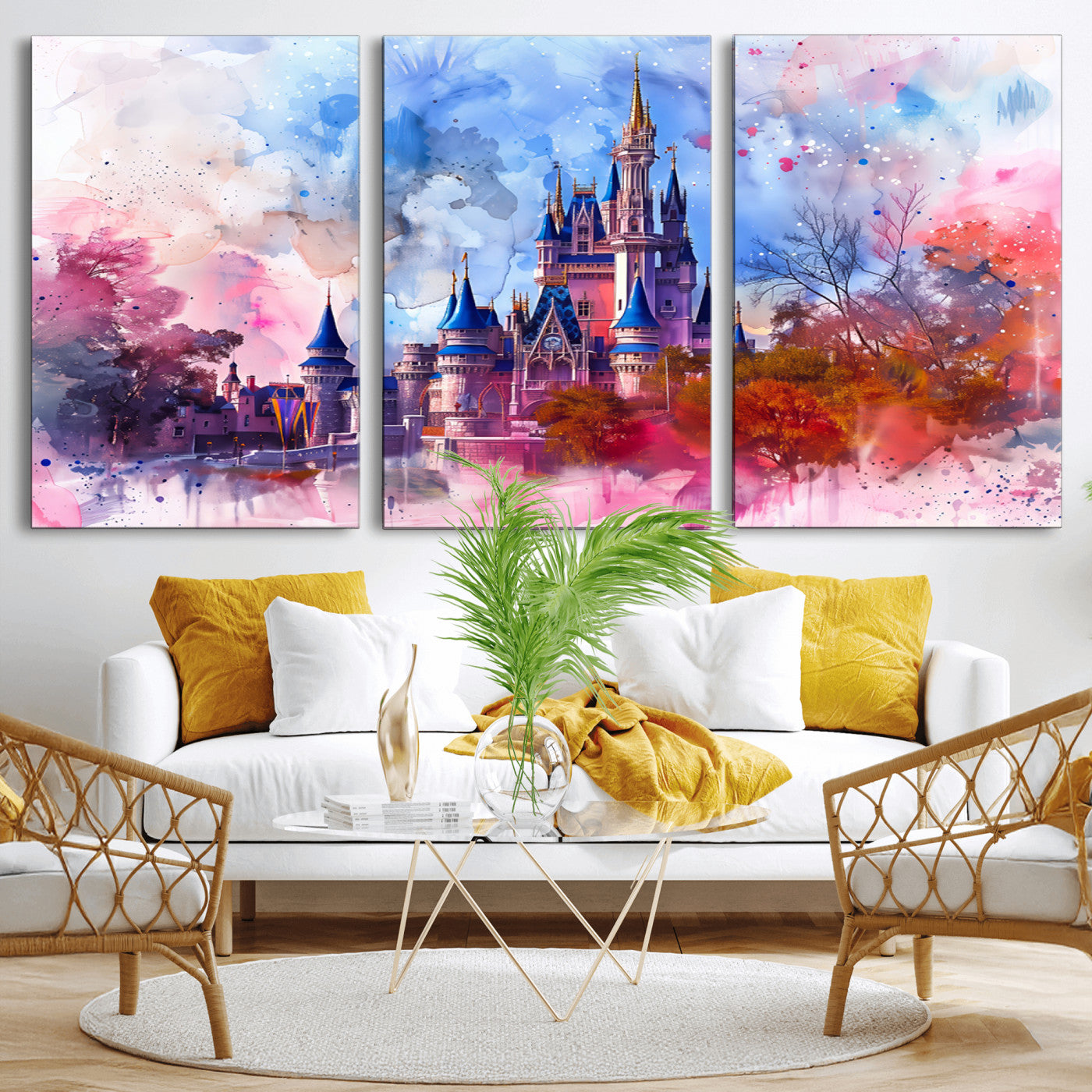 Watercolor canvas of a dreamy Disney-style castle in pastel pink and blue tones, perfect for fairytale or whimsical home decor.
