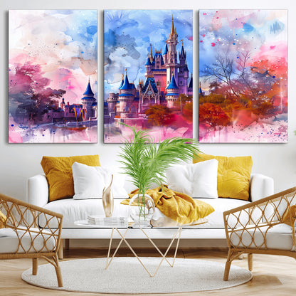 Watercolor canvas of a dreamy Disney-style castle in pastel pink and blue tones, perfect for fairytale or whimsical home decor.