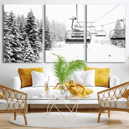 Black and white canvas of empty ski lifts over a snowy pine forest, perfect for minimal winter or ski lodge-inspired decor.