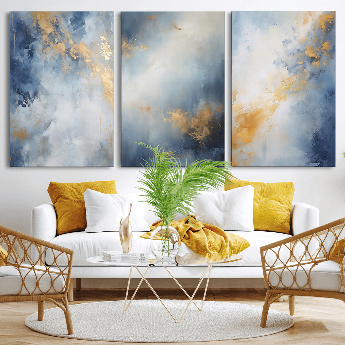 Abstract canvas art in soft blue and gold tones with textured brushstrokes, ideal for elegant or modern neutral decor spaces.
