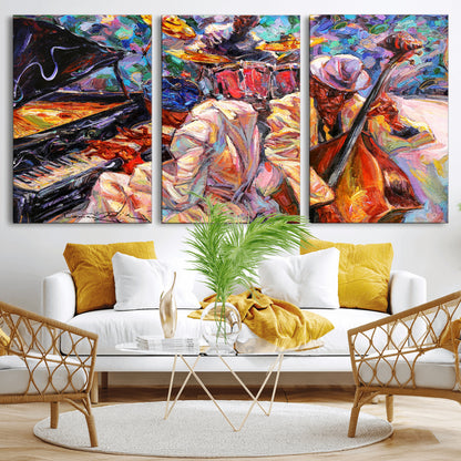 Vibrant oil painting of a jazz band with piano, saxophone, and bass, ideal for colorful and expressive music-themed home decor.