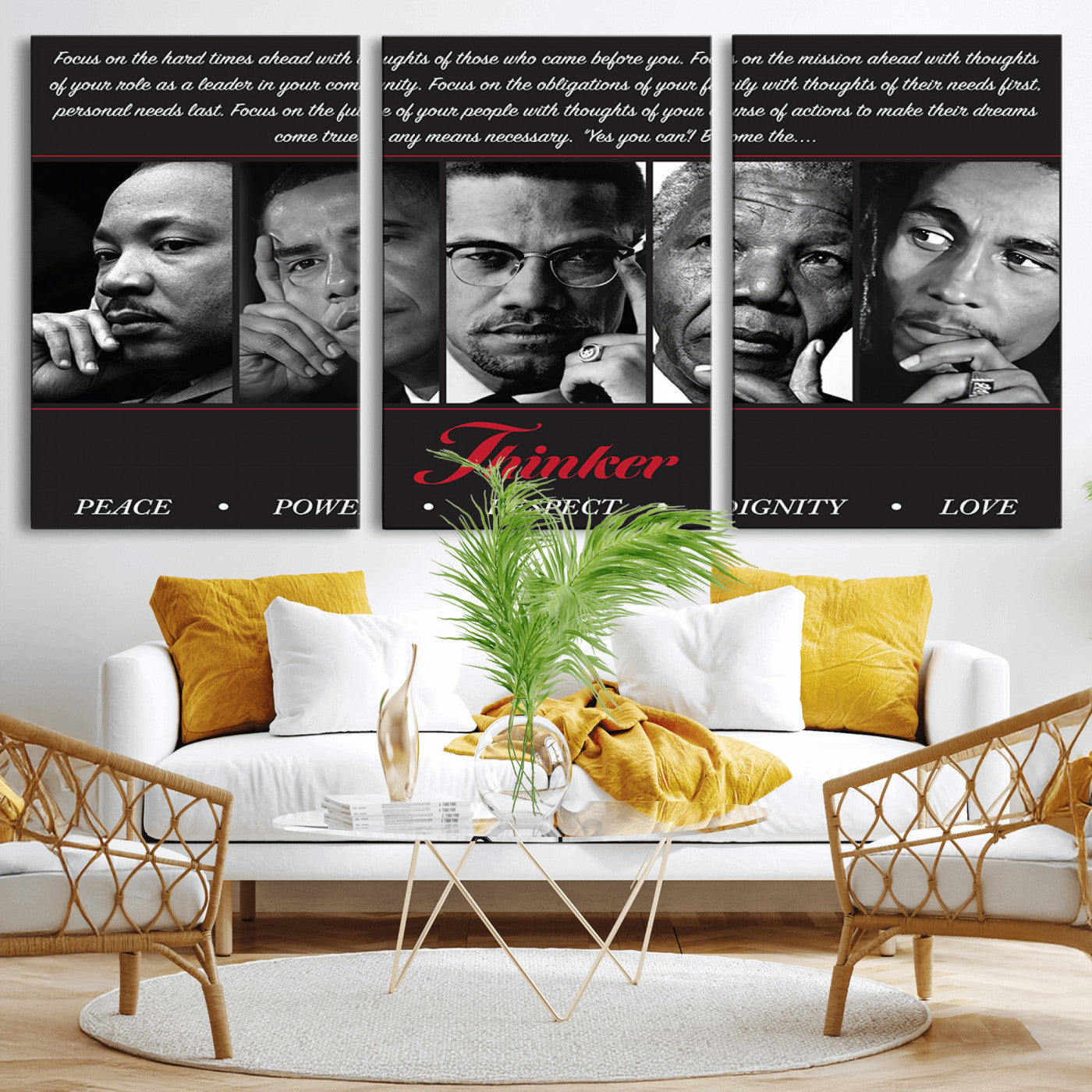 Monochrome canvas of iconic Black leaders with a powerful quote, perfect for modern spaces with a cultural or motivational theme.