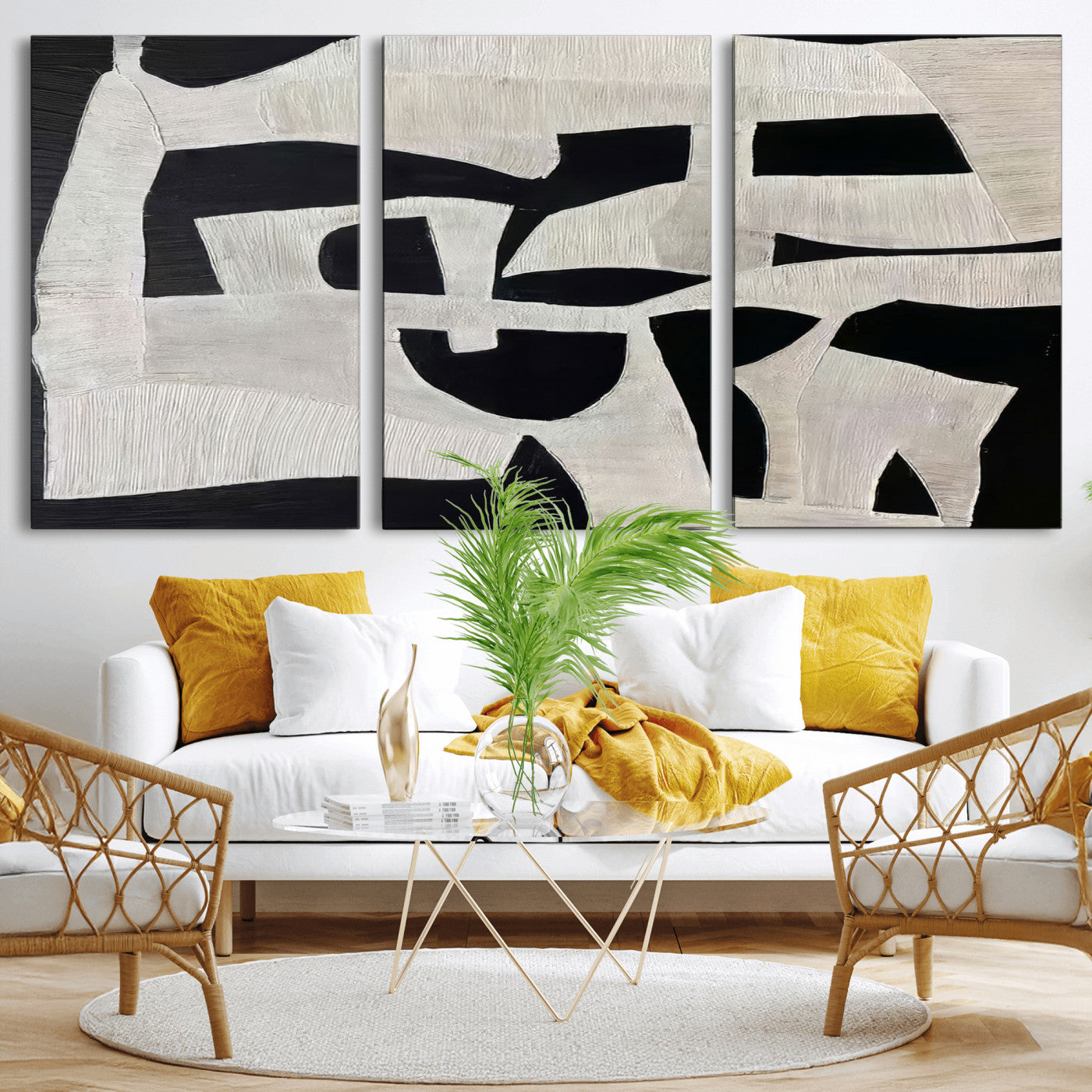 Minimalist black and white canvas featuring bold abstract textures and geometric shapes, ideal for modern neutral decor.