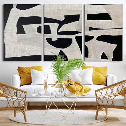 Minimalist black and white canvas featuring bold abstract textures and geometric shapes, ideal for modern neutral decor.
