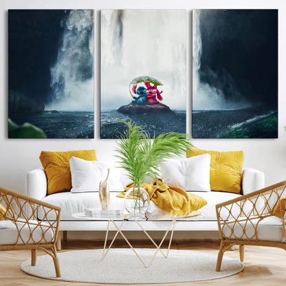 Fantasy canvas of Stitch and Angel under a leaf umbrella in front of a dramatic waterfall, perfect for moody jungle-themed or animated decor.