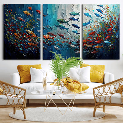 Colorful painting of fish swimming in abstract ocean swirls, perfect for vibrant marine-themed or expressive coastal home decor.