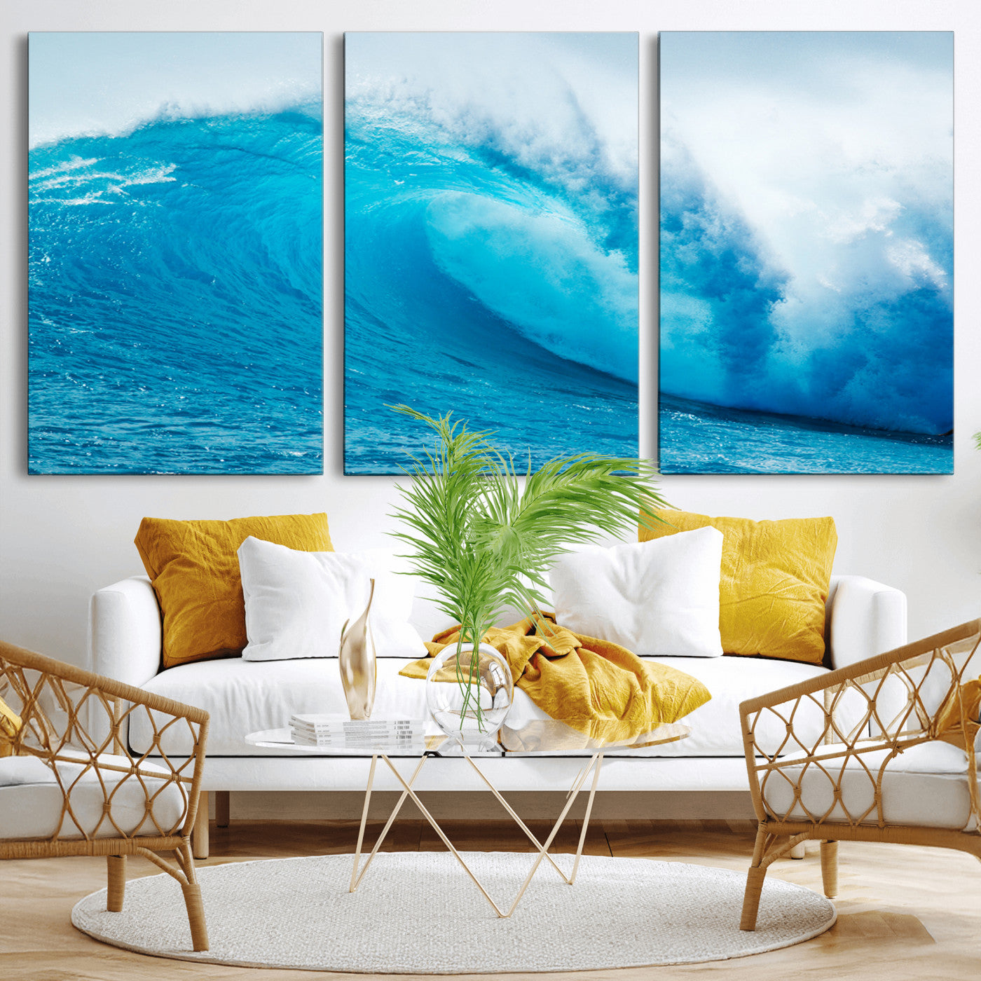 Vibrant canvas of a powerful curling ocean wave in tropical blue tones, perfect for coastal or surf-inspired decor settings.