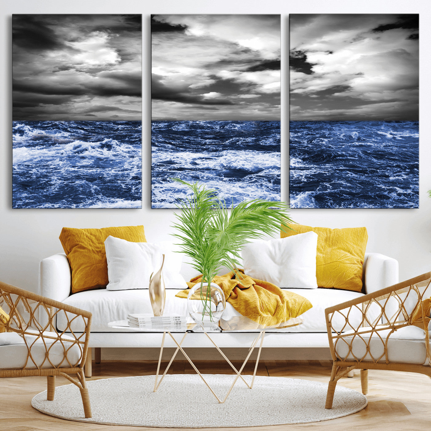 Moody canvas wall art of a stormy ocean under a dramatic black-and-white sky, perfect for bold or coastal-style interiors.