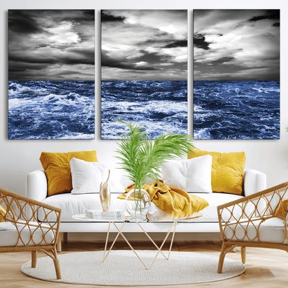 Moody canvas wall art of a stormy ocean under a dramatic black-and-white sky, perfect for bold or coastal-style interiors.