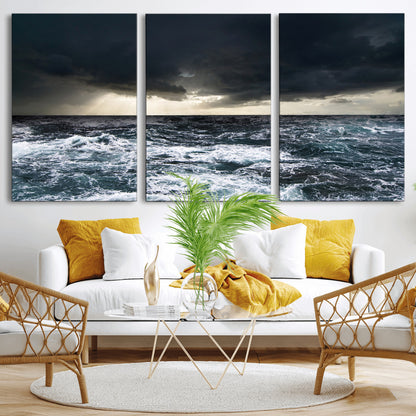 Moody ocean scene with stormy skies and crashing waves, perfect for dramatic or coastal-style home wall decor.