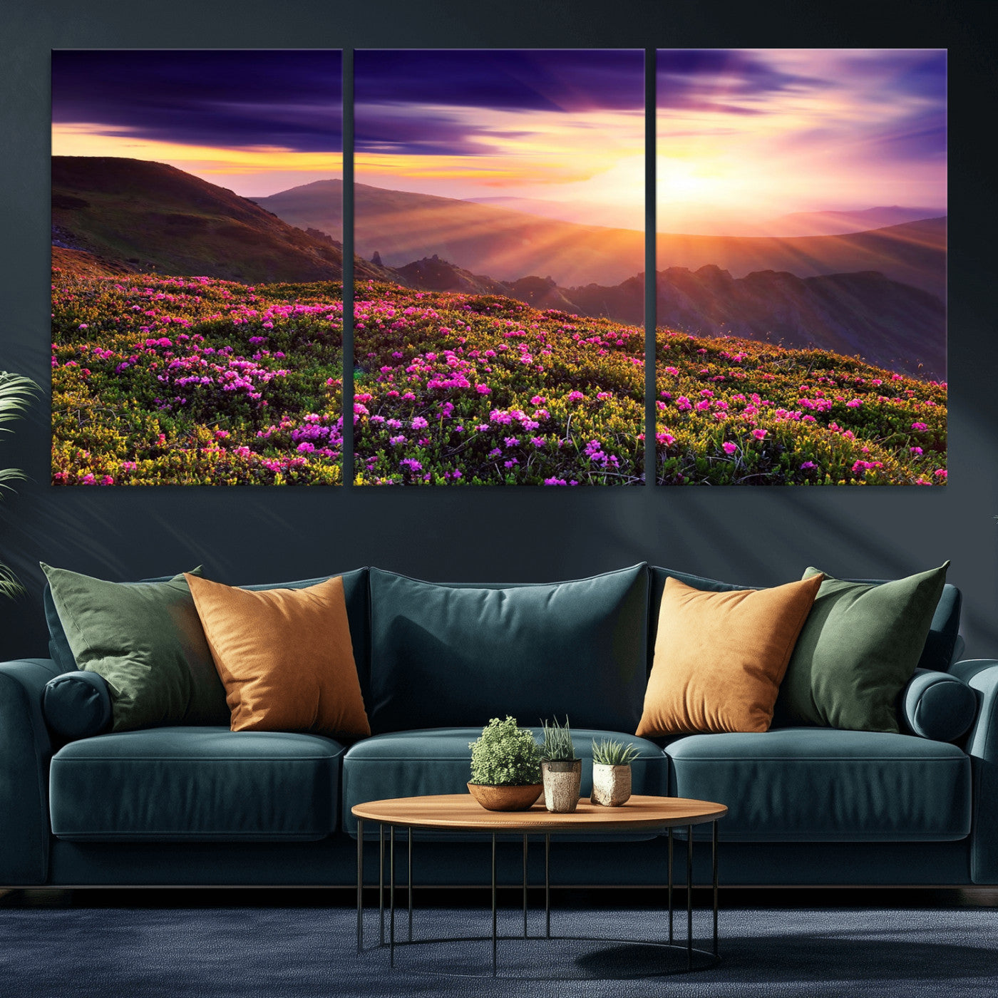 -Mountain Sunrise Wall Art – Vibrant Floral Landscape Canvas Print, Nature Home Decor for Living Room, Bedroom Office or Cabin