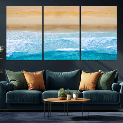 -Aerial Beach Wall Art – Serene Ocean Waves & Sandy Shore Canvas Print, Coastal Home Decor for Living Room, Bedroom or Office